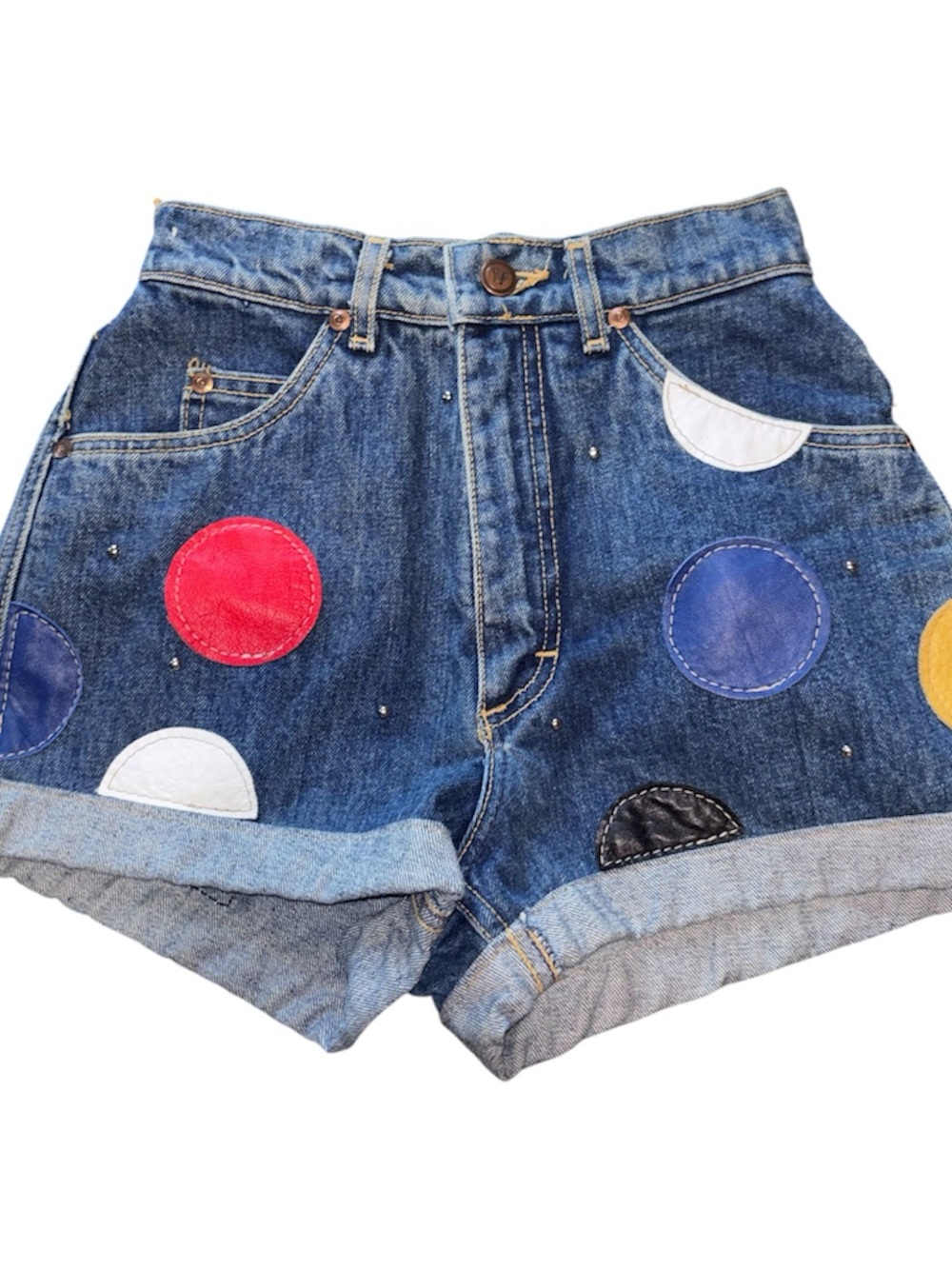 High-Rise Blue Denim Shorts with Multicolor Circle Patches